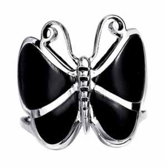 SILVER BLACK ONYX BUTTERFLY RING