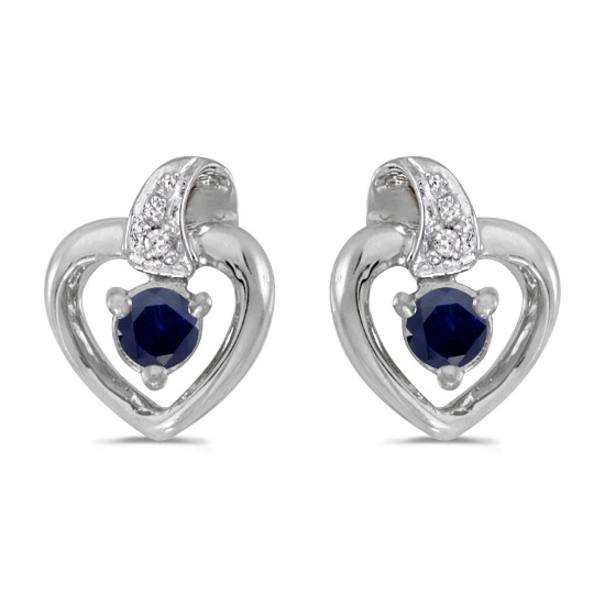 Certified 14k White Gold Round Sapphire And Diamond Heart Earrings