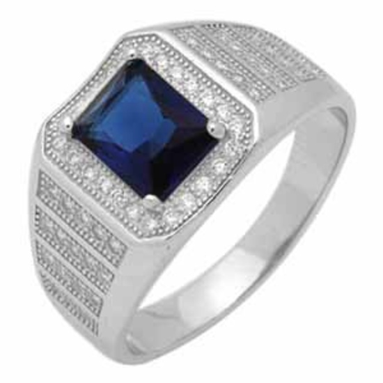 SILVER MICROPAVE EMERALD CUT BLUE CZ MENS RING