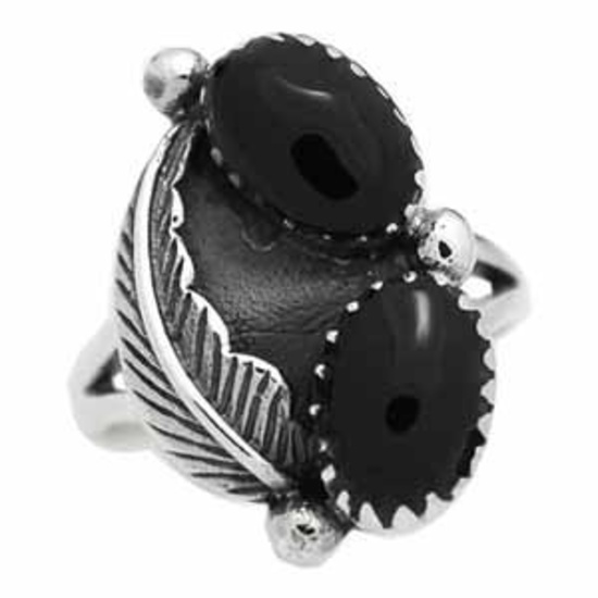 BO SILVER BLACK ONYX FEATHER DESIGN RING 16MM