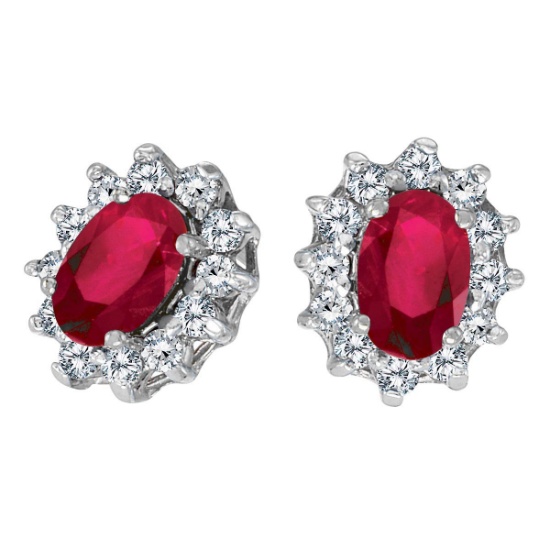 Certified 14k White Gold Oval Ruby and .25 total ct Diamond Earrings