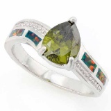 2 CARAT CREATED GREEN TOURMALINE & 1 CARAT CREATED FIRE OPAL 925 STERLING SILVER RING