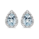 Pear Aquamarine and Diamond Stud Earrings 14k White Gold (1.20ct)