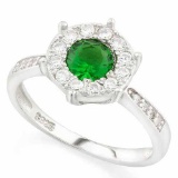 1 CARAT CREATED EMERALD & 1/4 CARAT (24 PCS) FLAWLESS CREATED DIAMOND 925 STERLING SILVER HALO RING