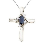 Blue Sapphire and Diamond Cross Necklace Pendant 14k White Gold