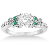 Butterfly Diamond and Emerald Engagement Ring 14k White Gold (1.20ct)