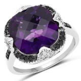 6.12 Carat Genuine Amethyst, Black Diamond and White Diamond .925 Sterling Silver Ring