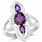 1.58 Carat Genuine Amethyst and White Diamond .925 Sterling Silver Ring