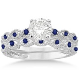 Antique Blue Sapphire Engagement Ring Set 14k White Gold (1.06ct)