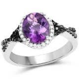 1.64 Carat Genuine Amethyst, Black Diamond and White Diamond .925 Sterling Silver Ring