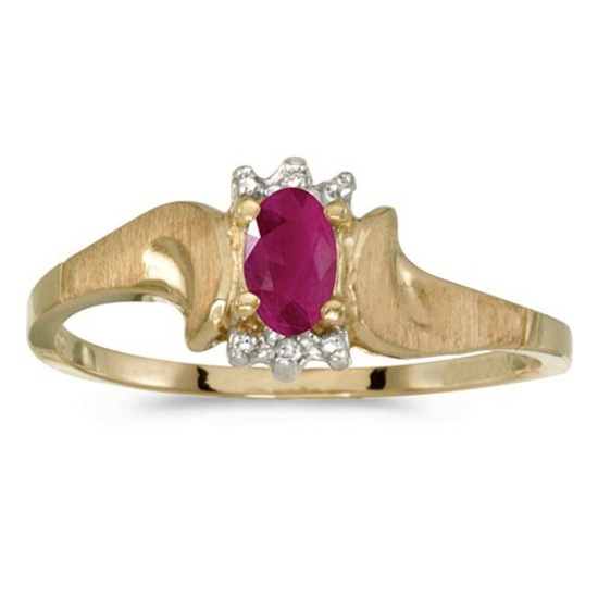 Certified 10k Yellow Gold Oval Ruby And Diamond Satin Finish Ring 0.19 CTW