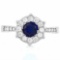 1 CARAT CREATED BLUE SAPPHIRE & 1/4 CARAT (24 PCS) FLAWLESS CREATED DIAMOND 925 STERLING SILVER HALO