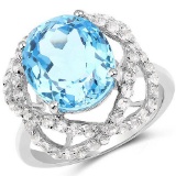 7.32 Carat Genuine Swiss Blue Topaz and White Topaz .925 Sterling Silver Ring