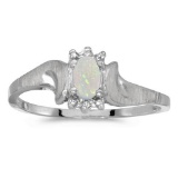 Certified 14k White Gold Oval Opal And Diamond Satin Finish Ring 0.09 CTW