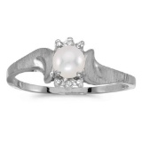 Certified 14k White Gold Pearl And Diamond Satin Finish Ring 0.01 CTW