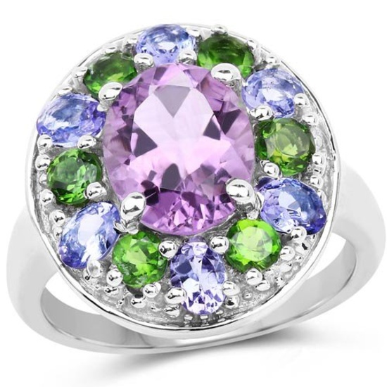 3.89 Carat Genuine Amethyst, Tanzanite and Chrome Diopside .925 Sterling Silver Ring