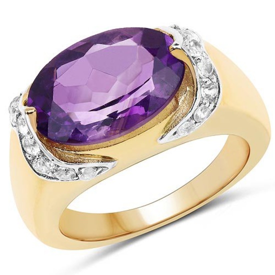 14K Yellow Gold Plated 4.98 Carat Genuine Amethyst and White Topaz .925 Sterling Silver Ring