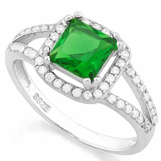 1 1/2 CARAT CREATED EMERALD & 5 3/5 CARAT (56 PCS) FLAWLESS CREATED DIAMOND 925 STERLING SILVER HALO