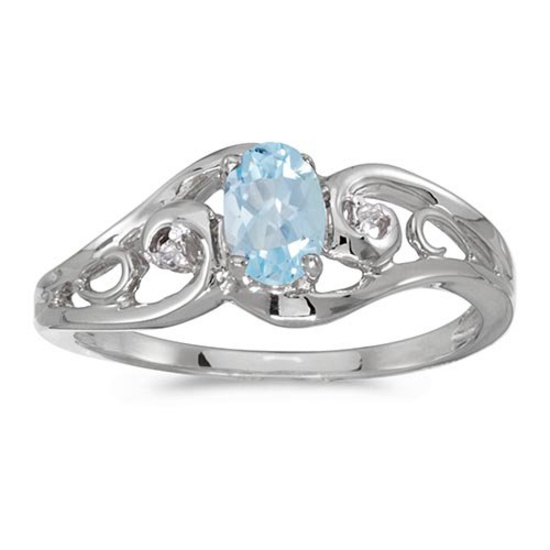 Certified 14k White Gold Oval Aquamarine And Diamond Ring 0.3 CTW