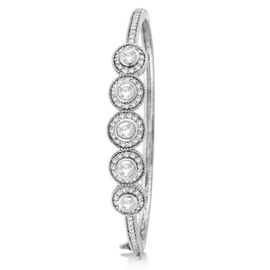 Vintage Style Diamond Bangle Bracelet 14k White Gold (2.57ct)