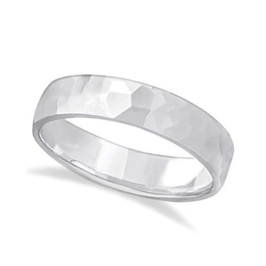 Men's Hammered Finished Carved Band Wedding Ring 14k White Gold (5mm)