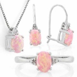 1 4/5 CARAT CREATED PINK FIRE OPAL & (15 PCS) DIAMOND 925 STERLING SILVER SET ( Ring, Earring & Pend