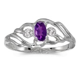 Certified 10k White Gold Oval Amethyst And Diamond Ring 0.19 CTW