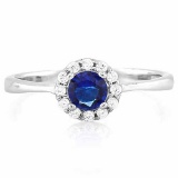 1/2 CARAT CREATED BLUE SAPPHIRE & (12 PCS) FLAWLESS CREATED DIAMOND 925 STERLING SILVER HALO RING