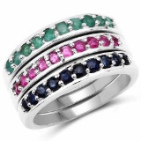 1.15 Carat Genuine Emerald, Ruby and Blue Sapphire .925 Sterling Silver Ring