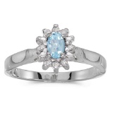 Certified 10k White Gold Oval Aquamarine And Diamond Ring 0.22 CTW