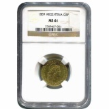 Argentina 1 argentino gold 1889 MS61 NGC