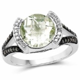 3.59 Carat Genuine Green Amethyst, Green Diamond and White Diamond .925 Sterling Silver Ring