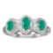 Certified 14k White Gold Oval Emerald And Diamond Three Stone Ring 0.45 CTW