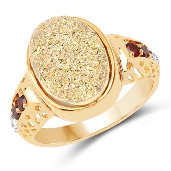 14K Yellow Gold Plated 4.71 Carat Genuine Golden Drusy Garnet and White Topaz .925 Sterling Silver R