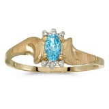 Certified 14k Yellow Gold Oval Blue Topaz And Diamond Satin Finish Ring 0.2 CTW