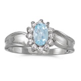 Certified 10k White Gold Oval Aquamarine And Diamond Ring 0.43 CTW