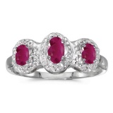 Certified 14k White Gold Oval Ruby And Diamond Three Stone Ring 0.59 CTW