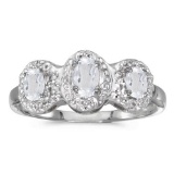 Certified 14k White Gold Oval White Topaz And Diamond Three Stone Ring 0.68 CTW