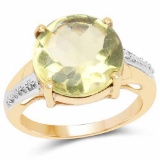 14K Yellow Gold Plated 9.26 Carat Genuine Lemon Topaz Buff Top and White Diamond Brass Ring