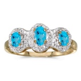 Certified 14k Yellow Gold Oval Blue Topaz And Diamond Three Stone Ring 0.58 CTW