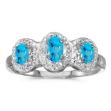 Certified 14k White Gold Oval Blue Topaz And Diamond Three Stone Ring 0.58 CTW