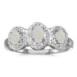 Certified 14k White Gold Oval Opal And Diamond Three Stone Ring 0.33 CTW
