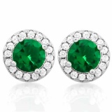 2 CARAT CREATED EMERALD & 1/3 CARAT (32 PCS) FLAWLESS CREATED DIAMOND 925 STERLING SILVER EARRINGS