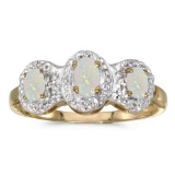 Certified 14k Yellow Gold Oval Opal And Diamond Three Stone Ring 0.33 CTW