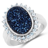 4.58 Carat Genuine Cobalt Blue Drusy and Swiss Blue Topaz .925 Sterling Silver Ring