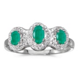 Certified 14k White Gold Oval Emerald And Diamond Three Stone Ring 0.45 CTW