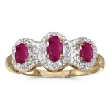 Certified 14k Yellow Gold Oval Ruby And Diamond Three Stone Ring 0.59 CTW