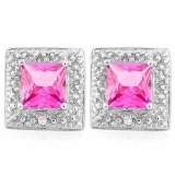 1 1/2 CARAT CREATED PINK SAPPHIRE & DIAMOND 925 STERLING SILVER EARRINGS