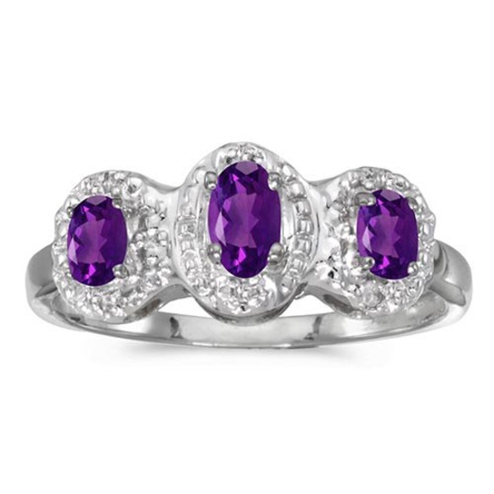 Certified 10k White Gold Oval Amethyst And Diamond Three Stone Ring 0.47 CTW