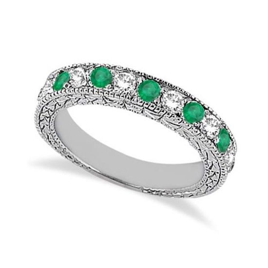 Antique Diamond and Emerald Wedding Ring 14kt White Gold (1.03ct)